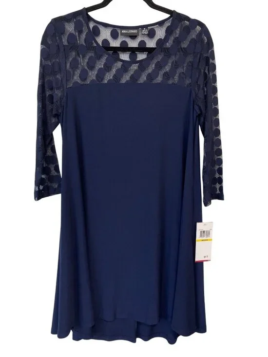 Nina Leonard Illusion Swing Dress Size Medium High Low 3/4 Sleeve Polka Dot NEW - Picture 3 of 11